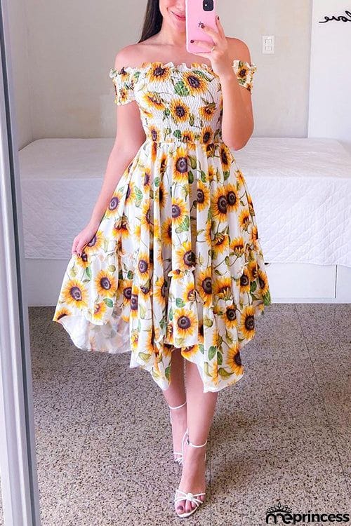 Shirred Bodice Off Shoulder Flap Asymmetric Dress