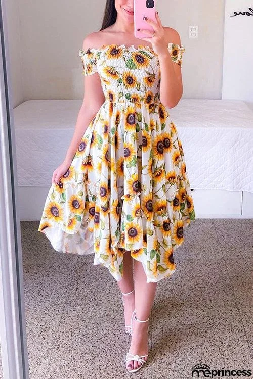 Shirred Bodice Off Shoulder Flap Asymmetric Dress