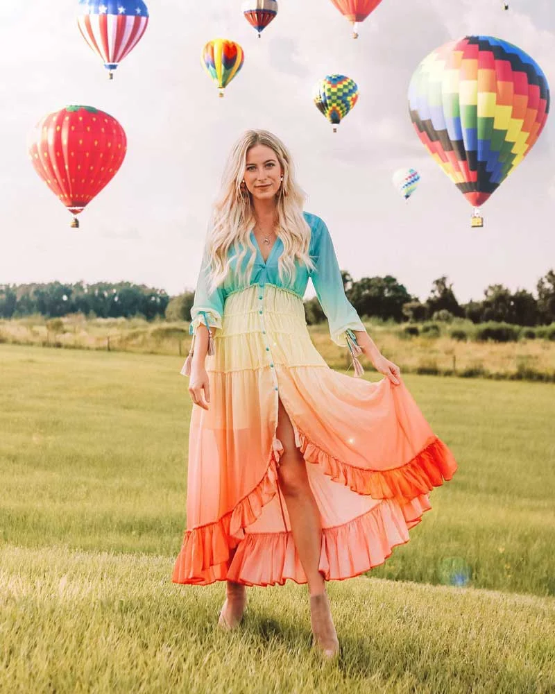 BOHO INSPIRED rainbow HIGH LOW DRESS V-neck Tiered ruffle trim Summer dress holiday long beach dress 2020 chic boho dress women
