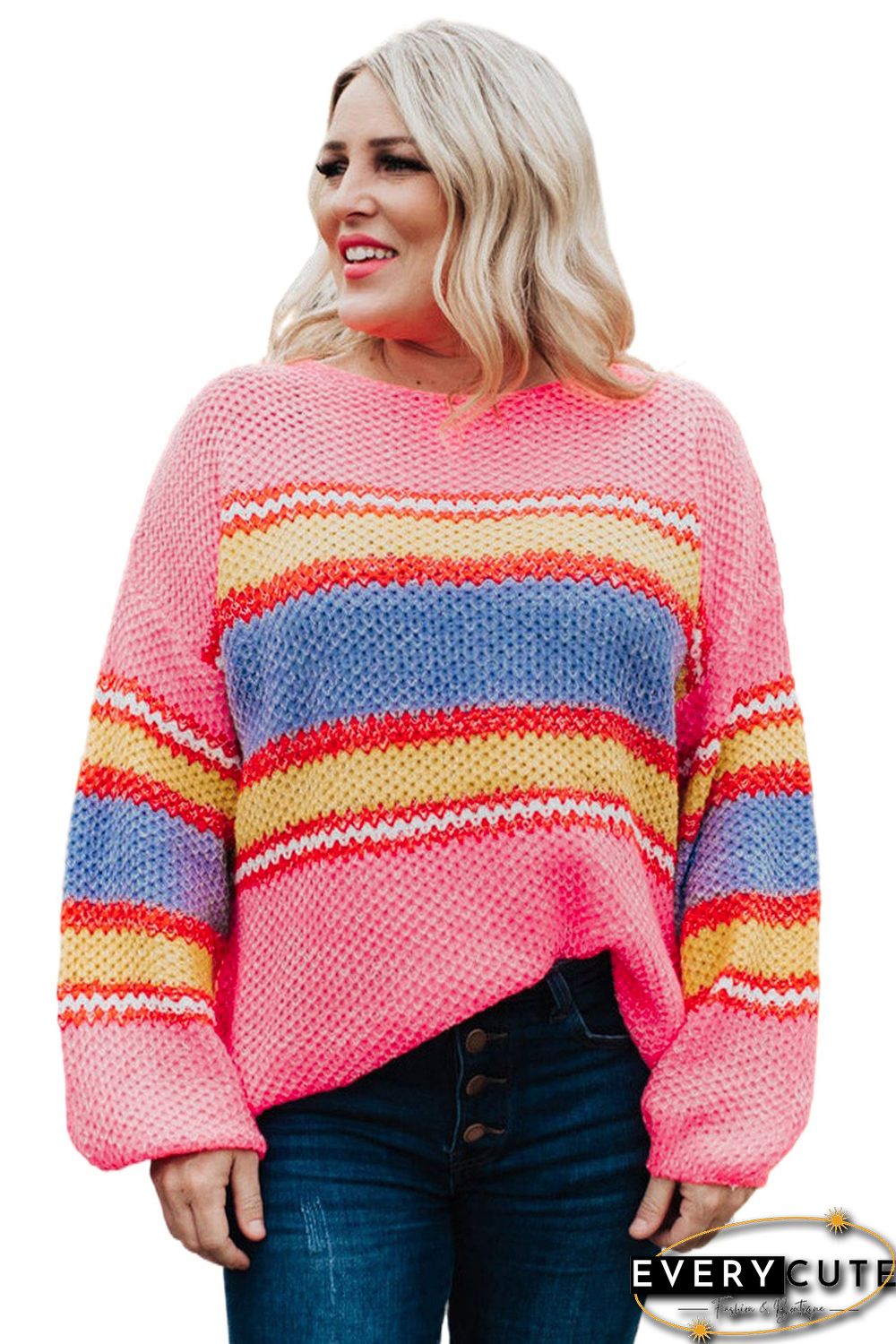 Pink Plus Size Stripe Oversized Sweater