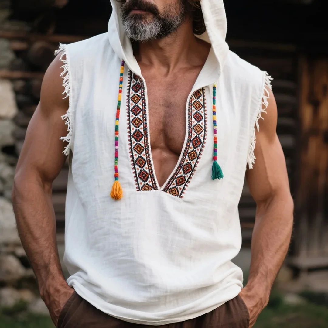  Bohemian Embroidered Sleeveless Hoodie for Men - Perfect for Summer Festivals and Casual Outings-inspireuse