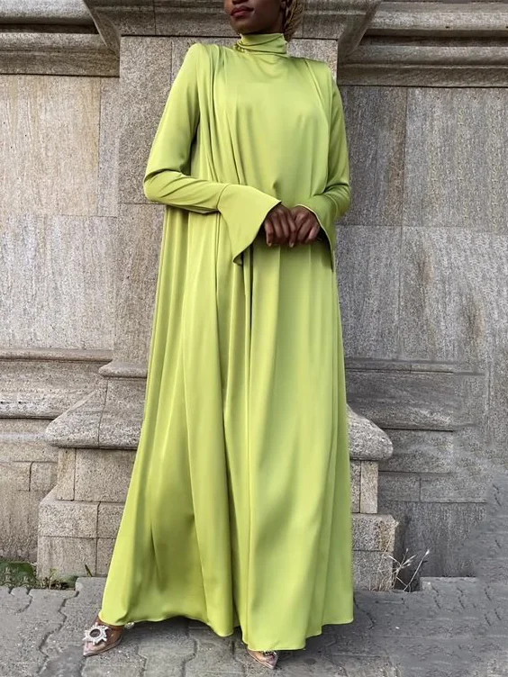 Flared Sleeves Long Sleeves Solid Color High-Neck Maxi Dresses