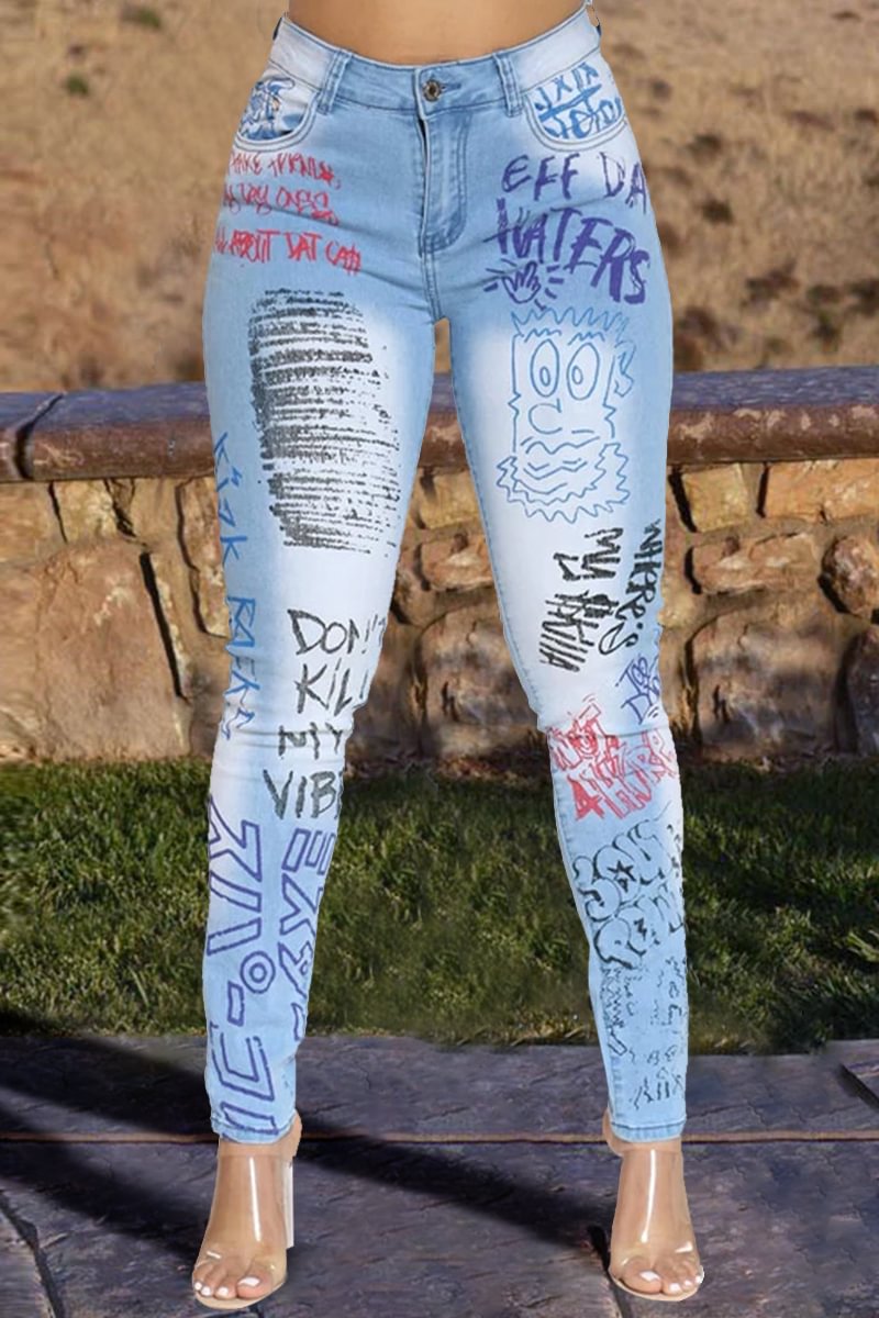 Graffiti Print High Waist Skinny Jeans