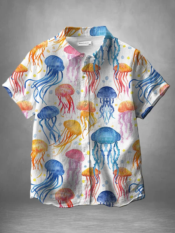 Men's Multicolor Jellyfish Art Printed Vacation Short Sleeve Shirt
