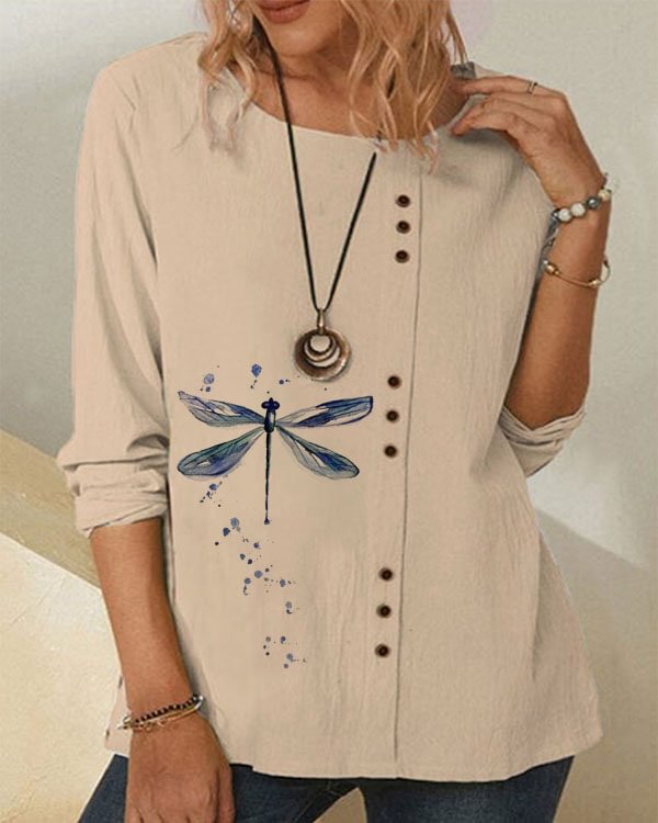 Casual Loose Dragonfly Linen Long Sleeve Top