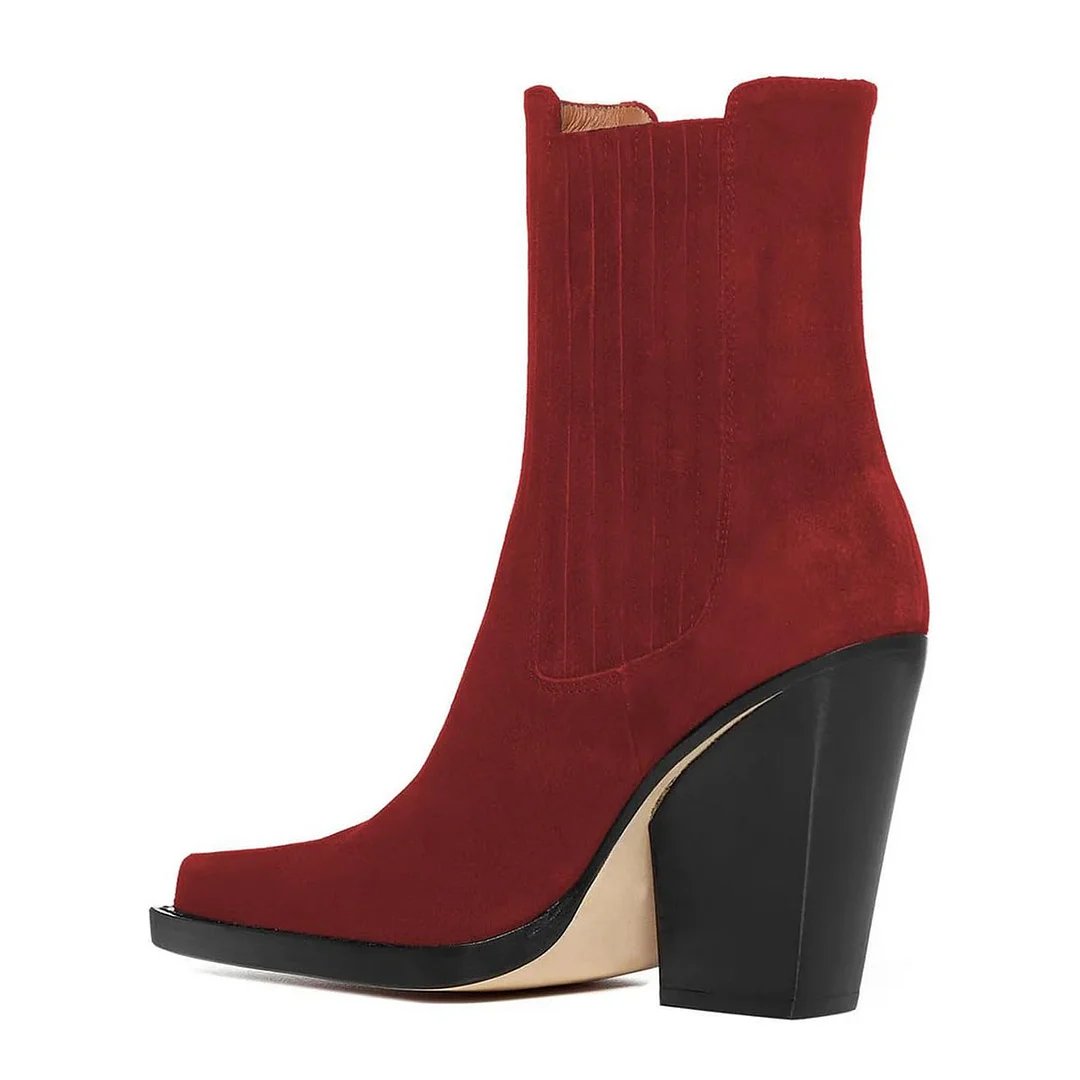 Women's Pull-On Red Vegan Suede Pointed Toe Chunky Heel Ankle Boots
