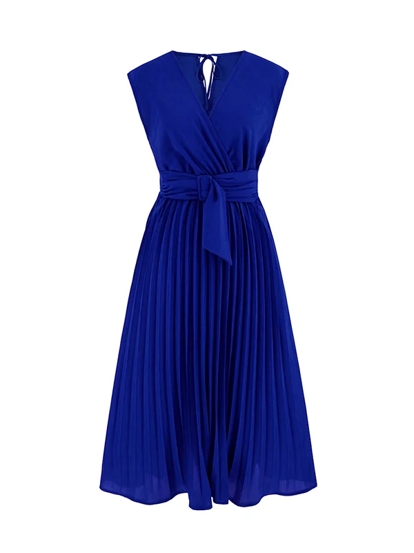 Pleated Solid Color Tied Waist Sleeveless V-Neck Midi Dresses