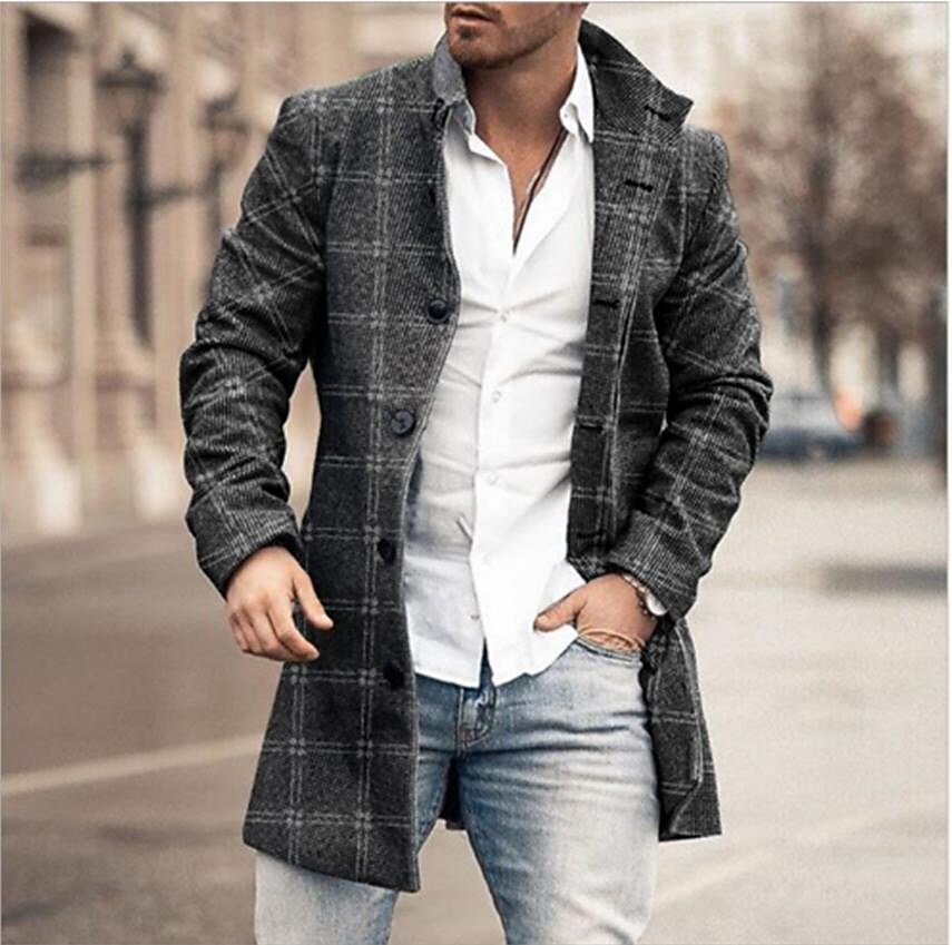 Rogoman Men's Printed Check Single Breasted Overcoat Business Casual