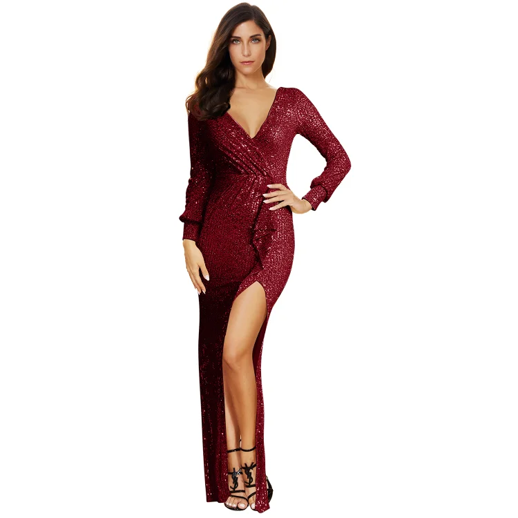 Long Sleeve Side Slit Maxi Sequin Dress SE733