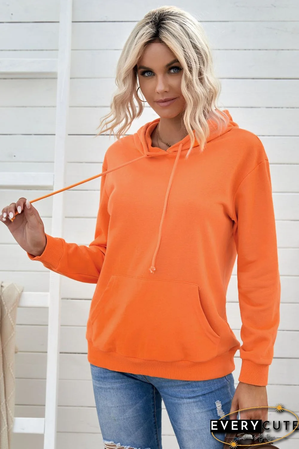 Orange Kangaroo Pocket Long Sleeve Pullover Hoodie