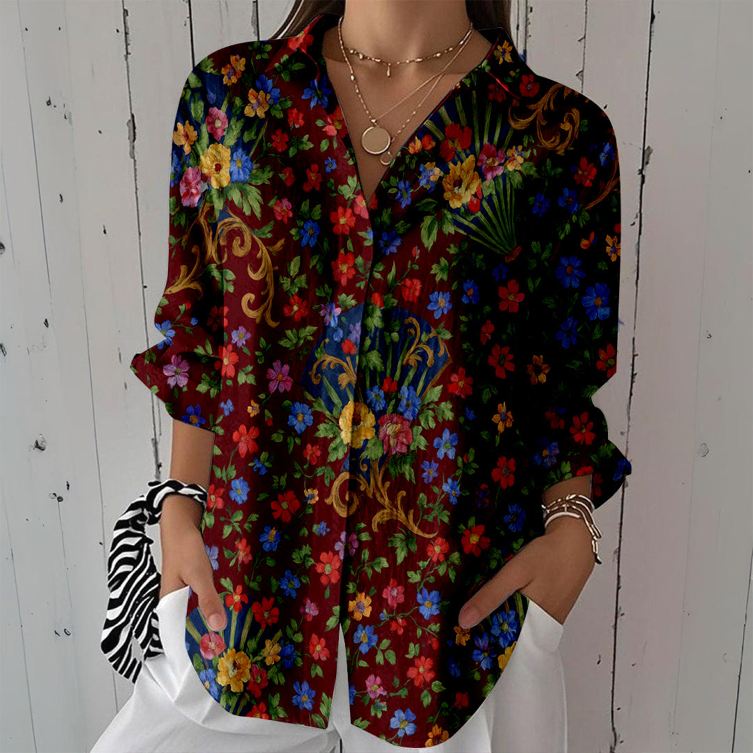 Women Long Sleeve V-neck Graphic Floral Printed Top