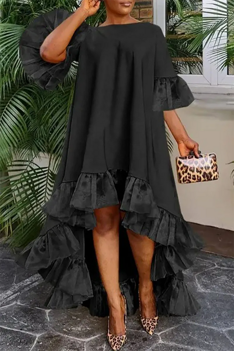 Plus Size Casual Dress Black Round Neck Patchwork Irregular Ruffle Flare Sleeve High Low Midi Dress 