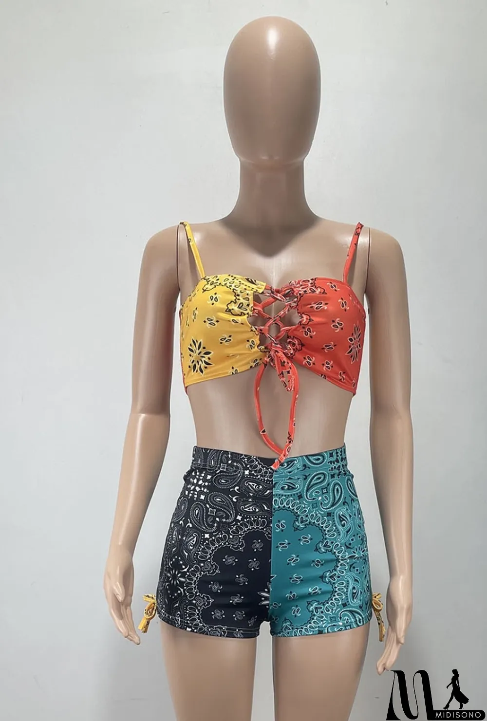 MidiSono - Women Summer Printed Sexy Sleeveless Crop Top Hollow Out Two Piece Shorts Set