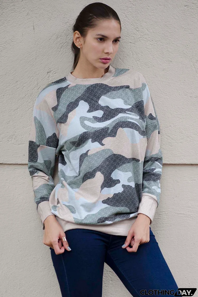 Fashion Khaki Green Digital Camo Print Sweatshirt