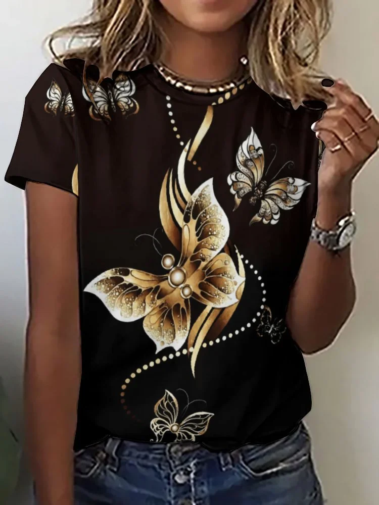 Printed Short Sleeve Casual T-shirt for  Women and Men Unisex Pattern Butterfly, Black, Golden