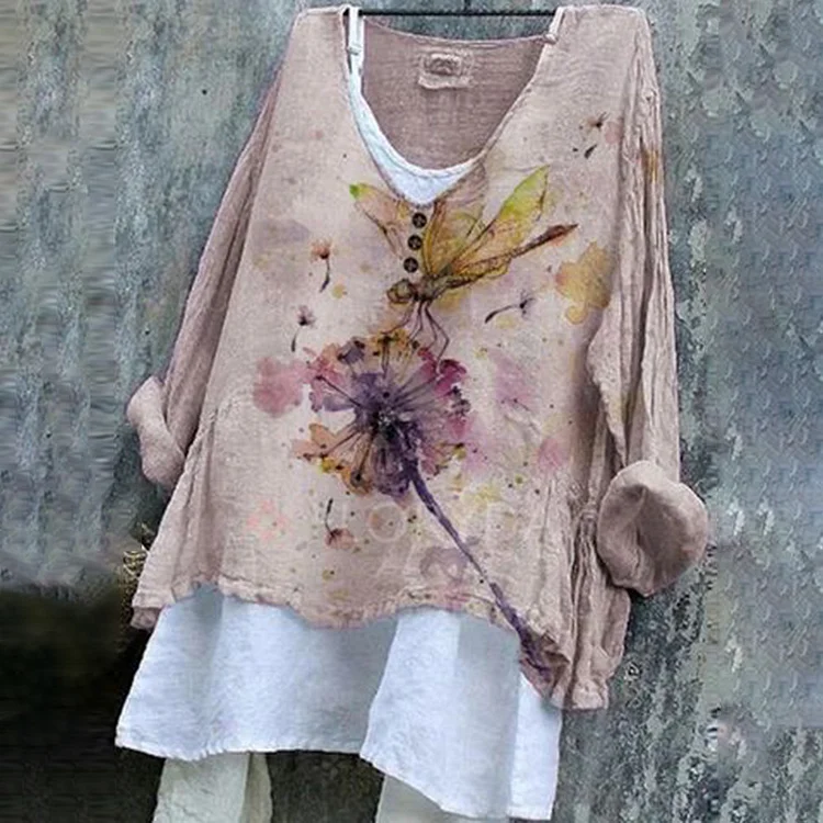 Vintage Flowers Pattern V Neck Shirt Tunic Top