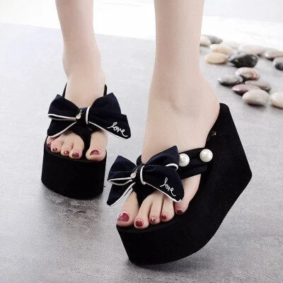 2021 Bowknot Heeled Flip Flops Women Slippers Summer 11CM High Heels Wedge Platform Shoes Sweet Womens Beach Slippers