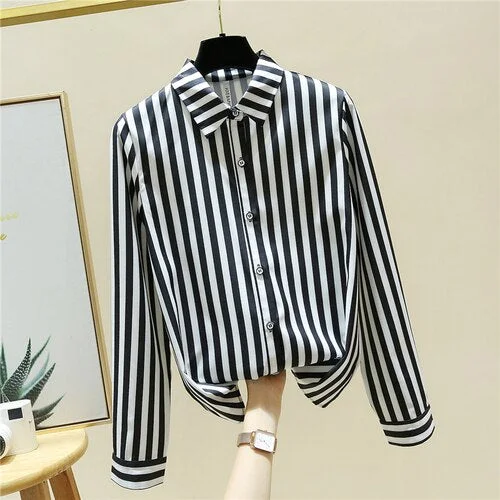 Long Sleeve Black White Striped Chiffon Blouse Shirt Blouse Women 2021 Turn Down Collar Office Blouse Women Clothing Blusa E37