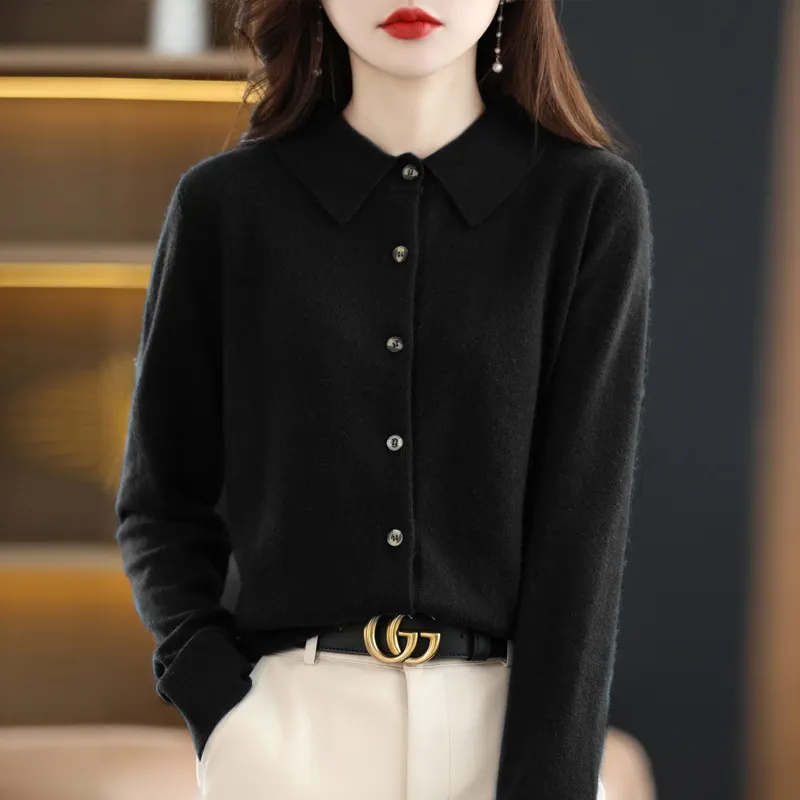 Churchf Churchf And Autumn POLO Collar Knit Shirt With Loose Long-Sleeved Sweater Non-Cashmere Cardigan Temperament Lapel Coat
