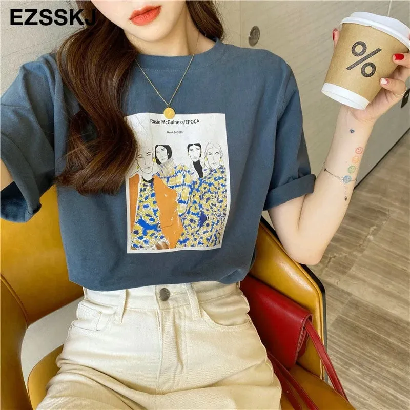 Pure cotton t-shirt women's summer ins short-sleeved 2021 new sanding bottoming shirt  loose printed t-shirt top