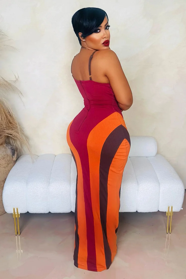 Colorblock Slim-Fit Daily Vacation Slip Maxi Dresses-Orange