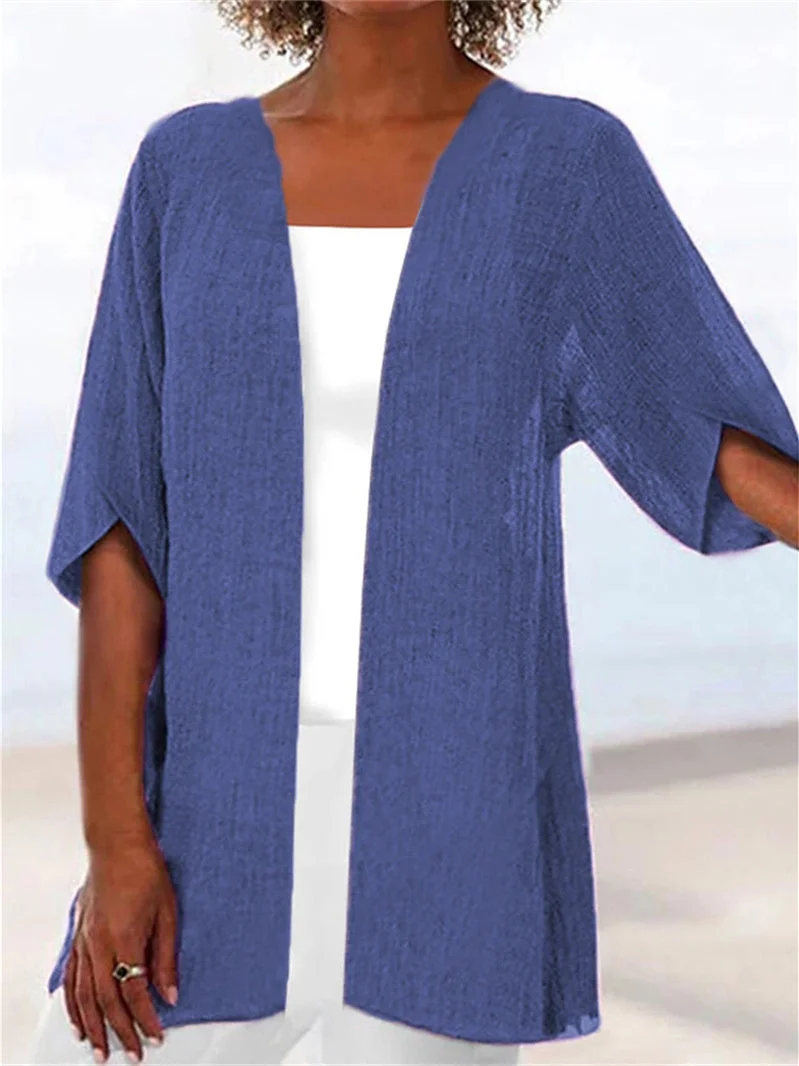 Women Half Sleeve Scoop Neck Solid Cardigan Tops