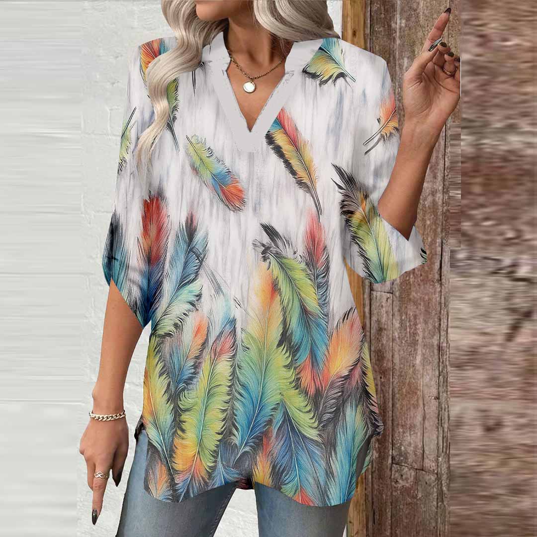 Women Feather, Blue, Green DZGA0553 3/4 Sleeve V-neck Printed Graphic Button Tops