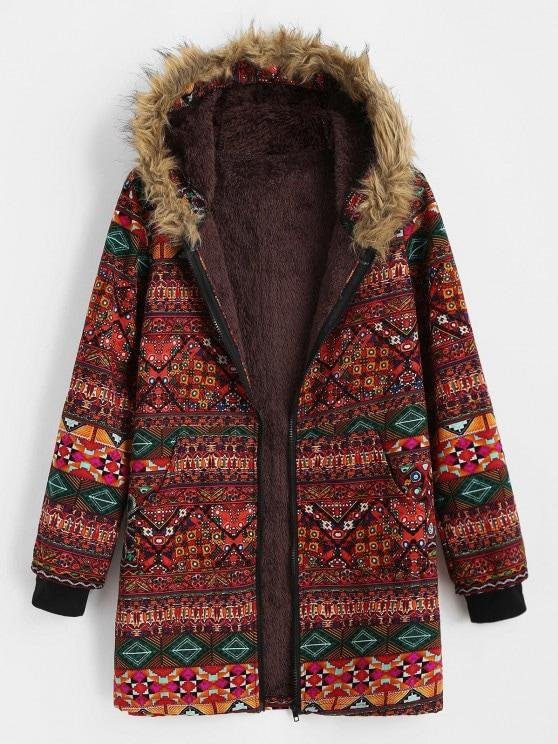 Fur Collar Fleece Lined Tribal Print Coat