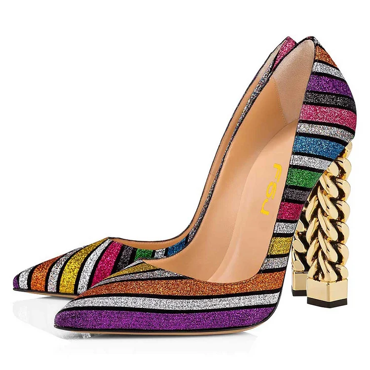 Multicolor Evening Shoes Metal Chunky Heel Festive Pumps |FSJ Shoes