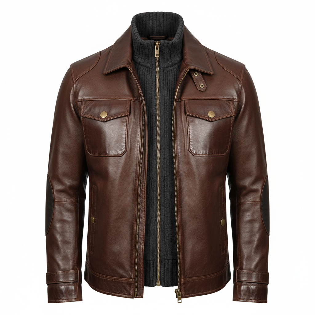 thesupersurf Brown Leather Jacket with Knit Collar and Elbow Patches 