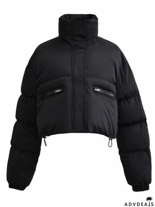 Snap and Zip Closure Drawstring Cropped Winter Coat