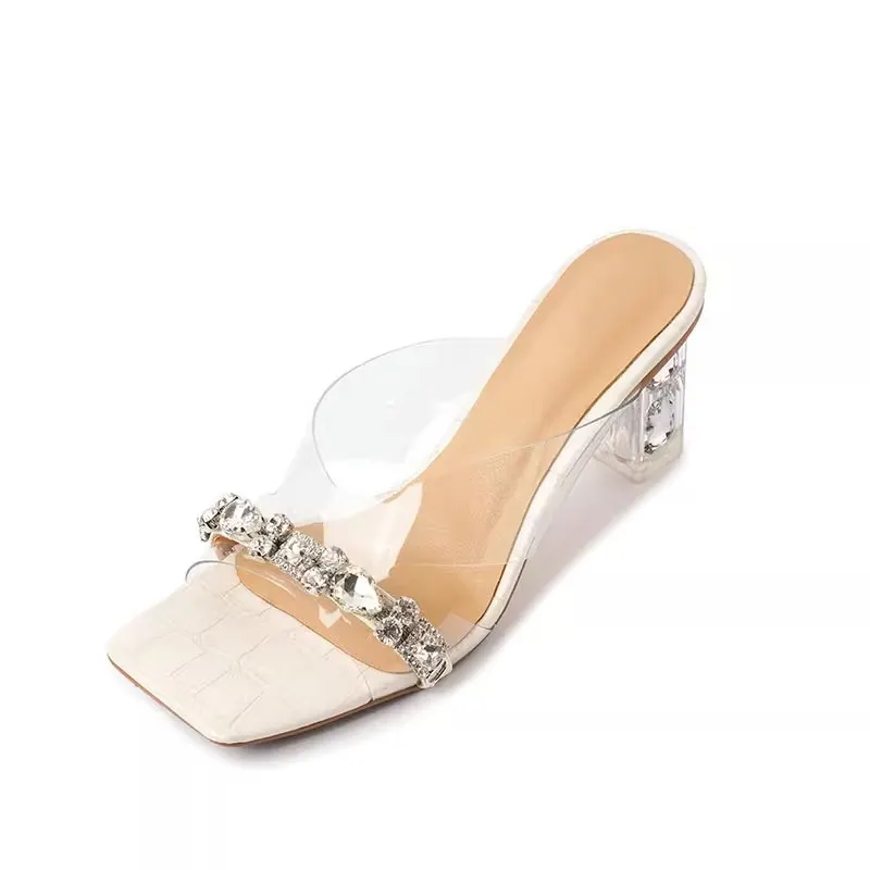Breakj Breakj Heel Wearing Cold Slippers Women 2025 Summer Fashion Transparent Water Drill Temperament With High Heels Do Not Tired Feet