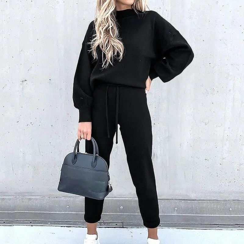 Women's Tracksuit 2 Piece Sets Autumn Solid Fashion Casual Outfits Long Sleeve Tops High Waist Bandage Pants Oversized Hoodies