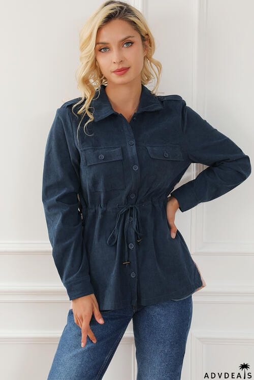 Geometric Button Up Drawstring Collared Neck Jacket