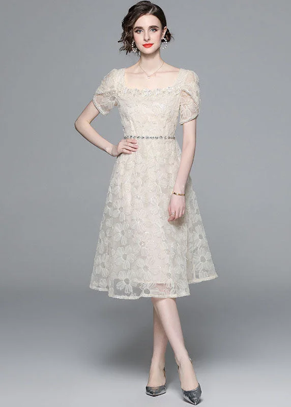Fashion Apricot Square Collar Zircon Embroideried Tulle Dresses Summer