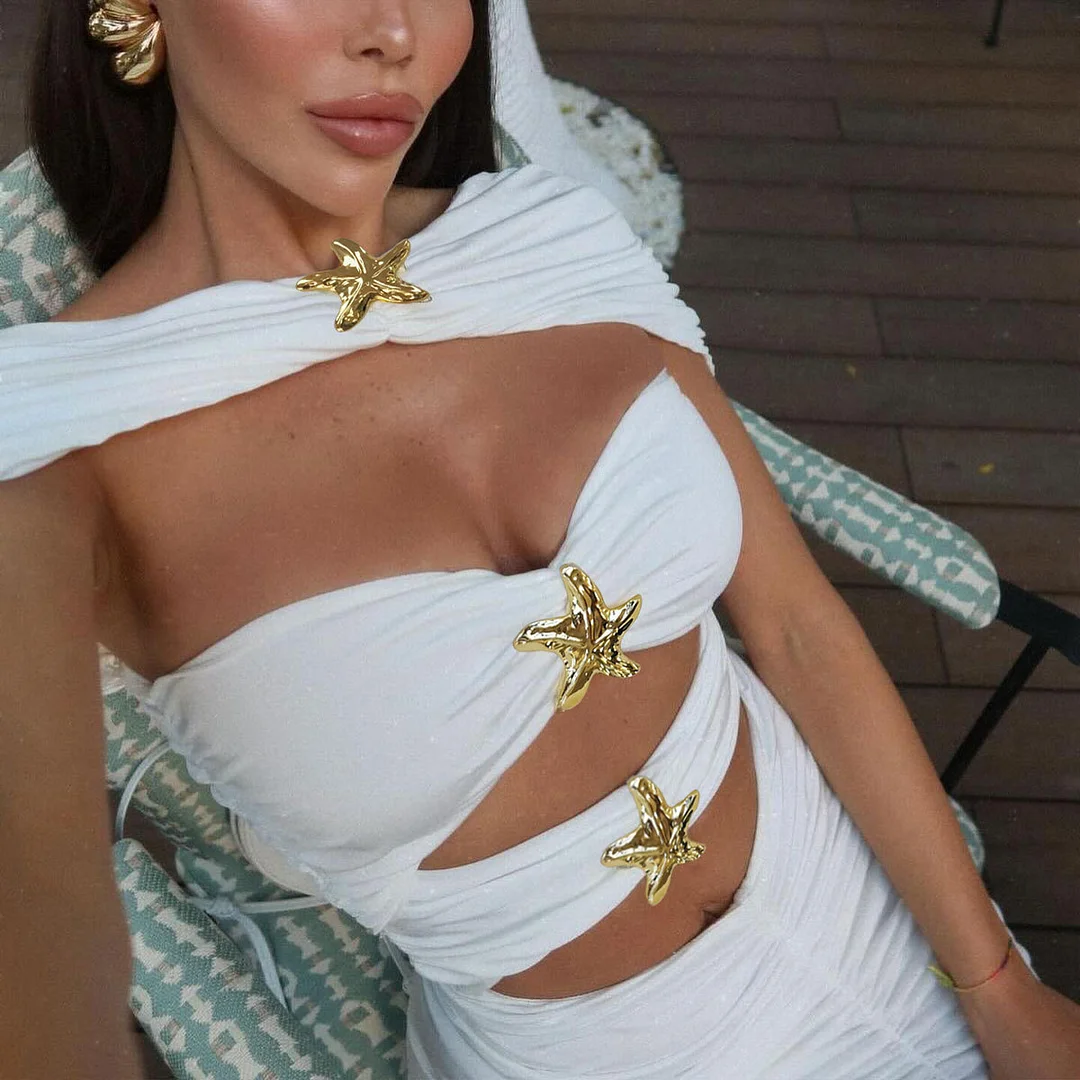 Uveng Pure White One-Piece Swimsuit Half-Dress Shawl Three-Piece Sexy Hollow Swimsuit 2025 New