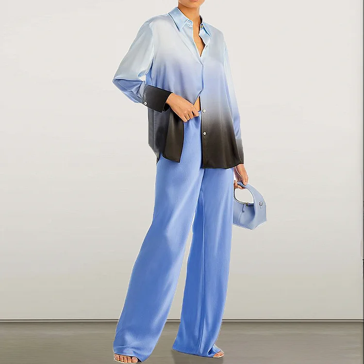 Fashion Contrasting Gradient Print Shirt Two-Piece Set