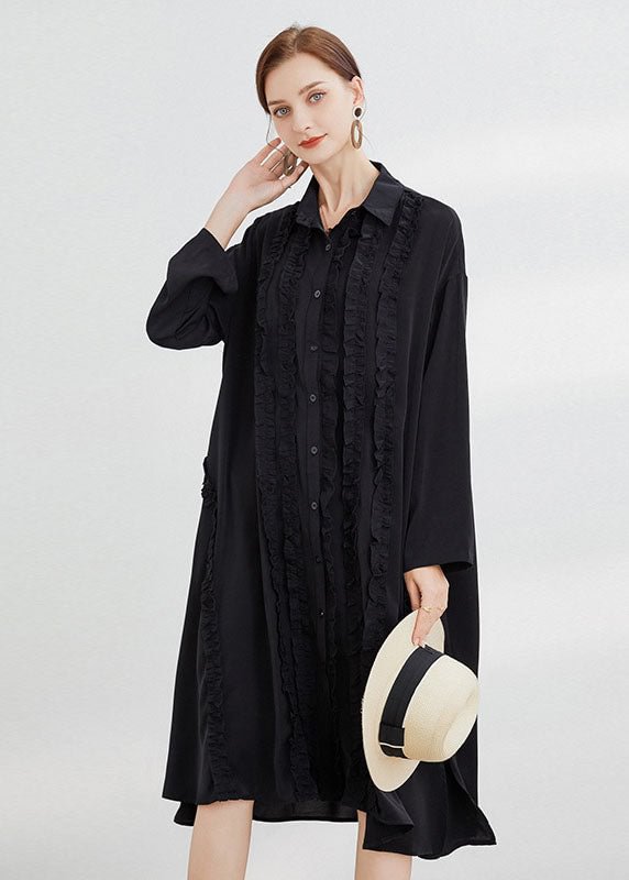 Plus Size Black Button shirts Dress Ruffled Spring CK2934- Fabulory