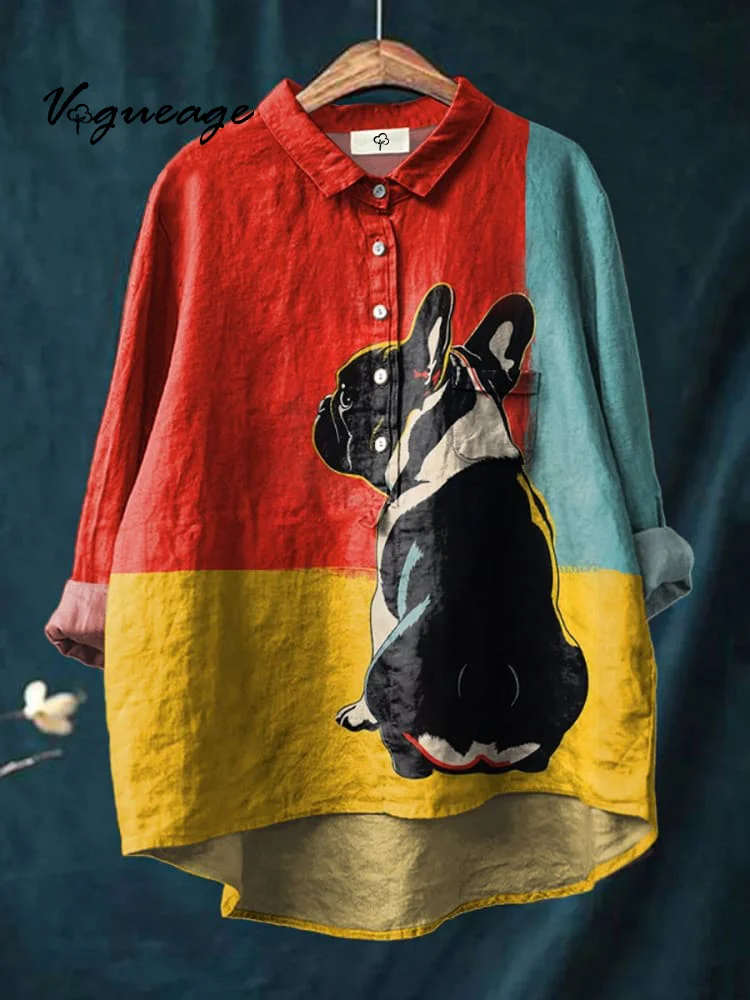 Simple Color Block Stitching Pug Print Cotton And Linen Shirt