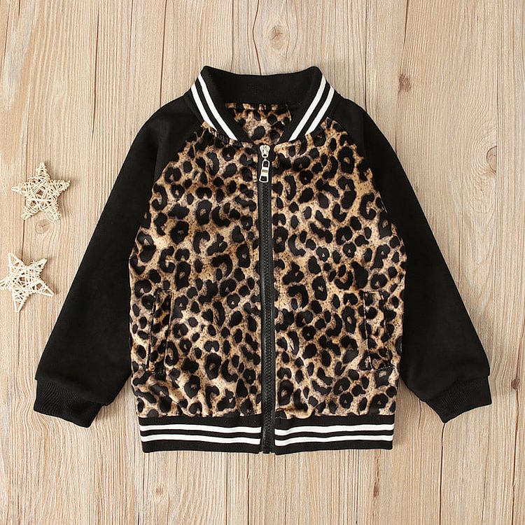 Mayoulove Kid Baby Girl Leopard Pattern Long Sleeve Zipper Jacket Baseball Coats-Mayoulove