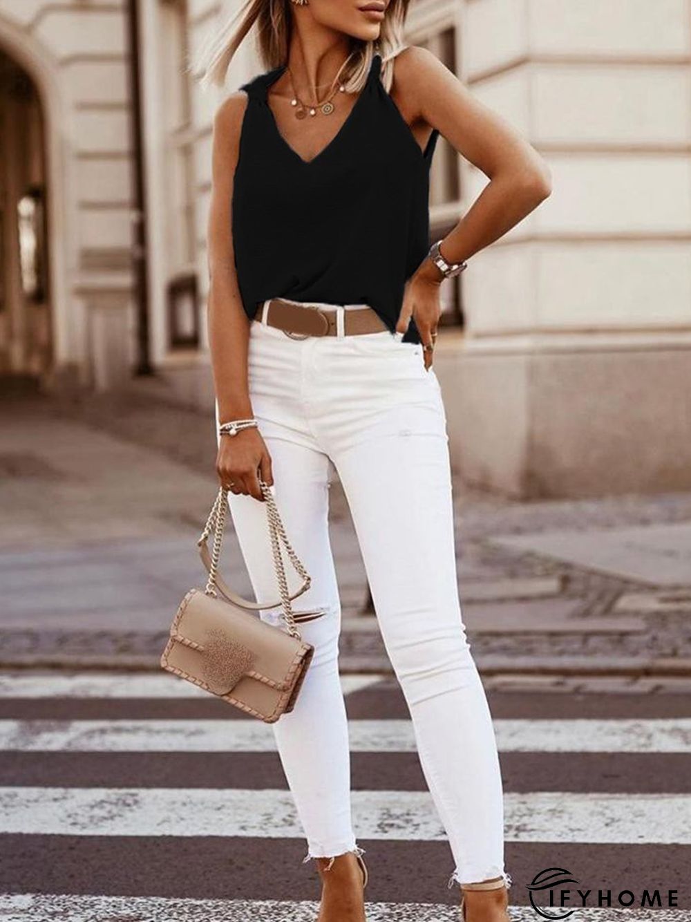 Vintage Tied Detail Sleeveless Solid V Neck Casual Vest Top | IFYHOME