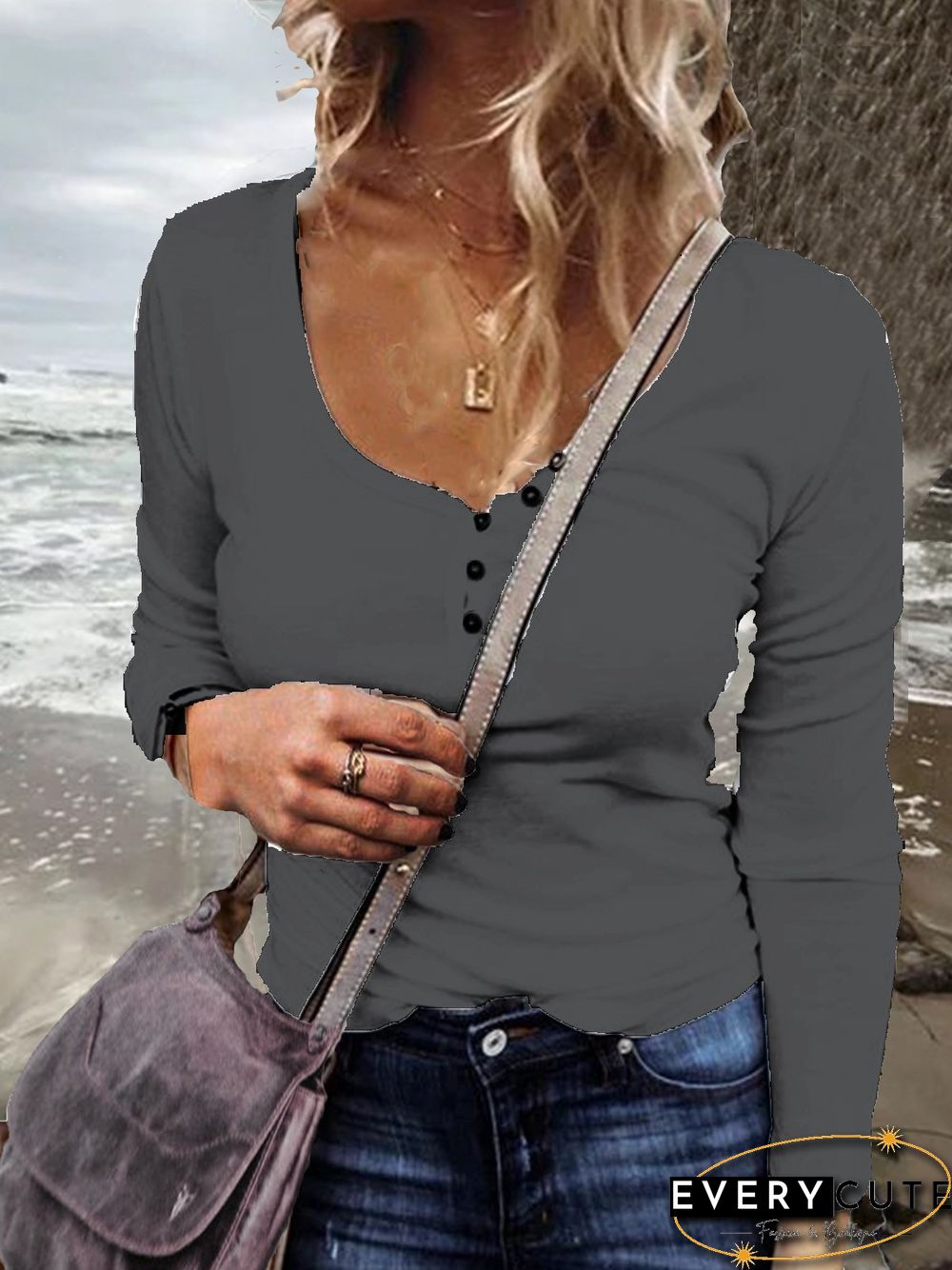 Casual Plus Size U-Neck Long Sleeve T Shirts Tee