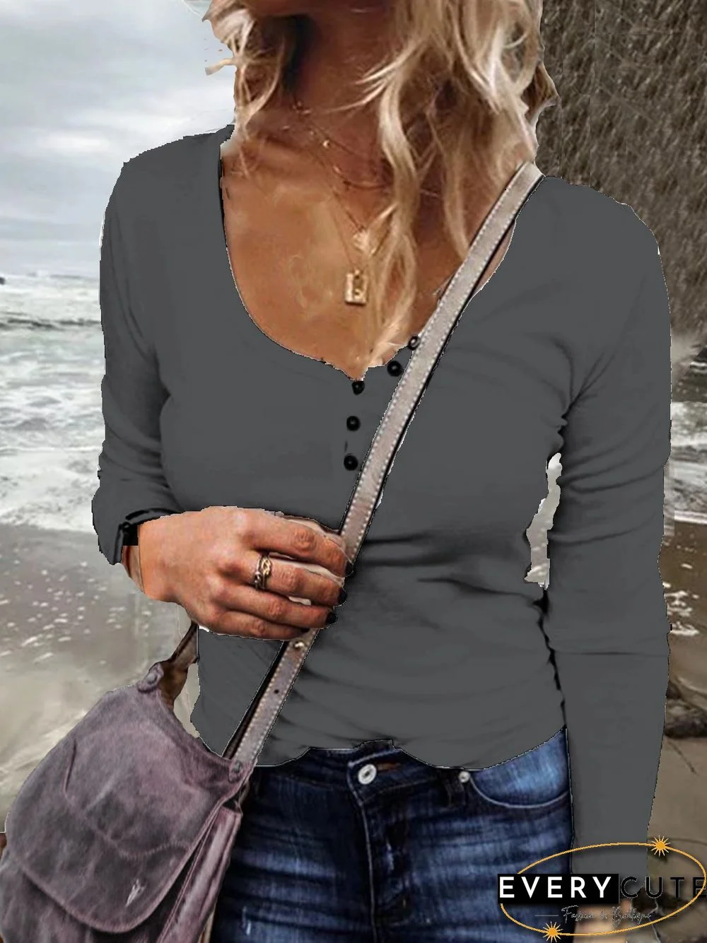 Casual Plus Size U-Neck Long Sleeve T Shirts Tee