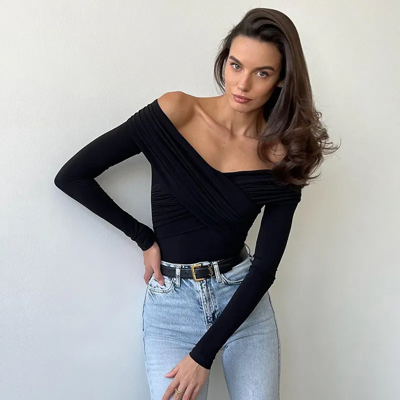 Uveng Uveng Spring Autumn New Temperament Fashion V Collar Off-Shoulder Splicing Long Sleeve Slim Joker Jumpsuit