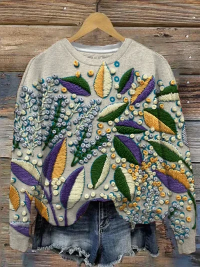 Women's Flower Embroidery Art Painting Three-Dimensional Long Sleeve Sweatshirt