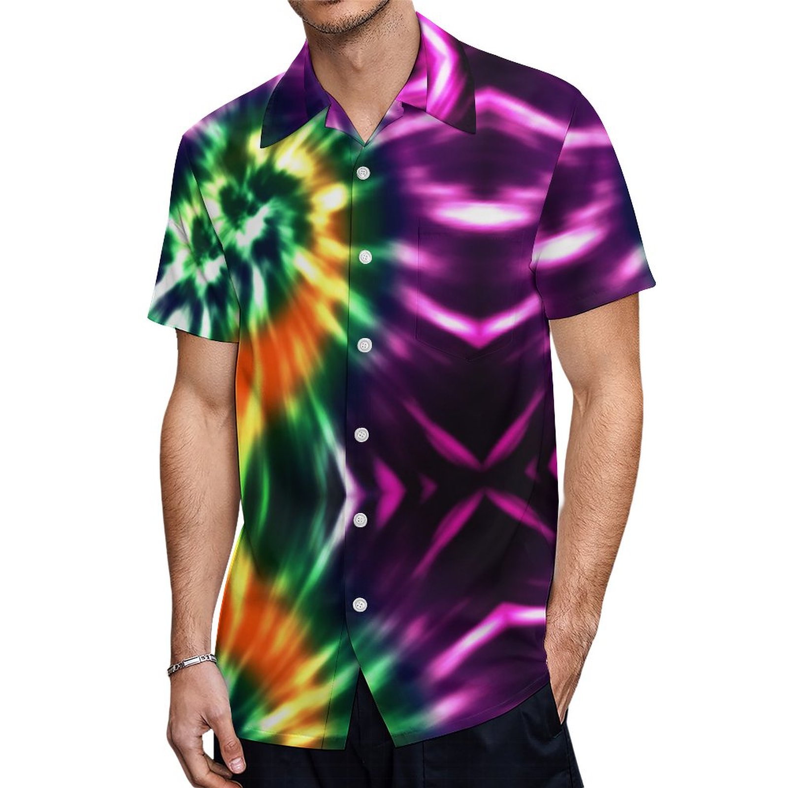 Hippie Boho Fun Green Yellow Orange Purple Tie Dye Hawaiian Shirt Mens Button Down Tropical Hawaii Beach Shirts