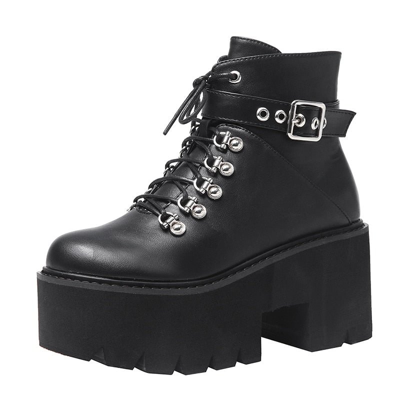 Gdgydh Autumn Winter Chunky Heel Platform Boots Lace-up Black Gothic Boots Women Plush Inside Comfortable Sexy Buckle Footwear