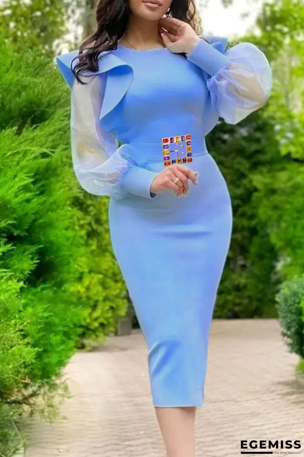 Sky Blue Fashion Casual Patchwork Slit O Neck Long Sleeve Dresses (Without Belt) | EGEMISS