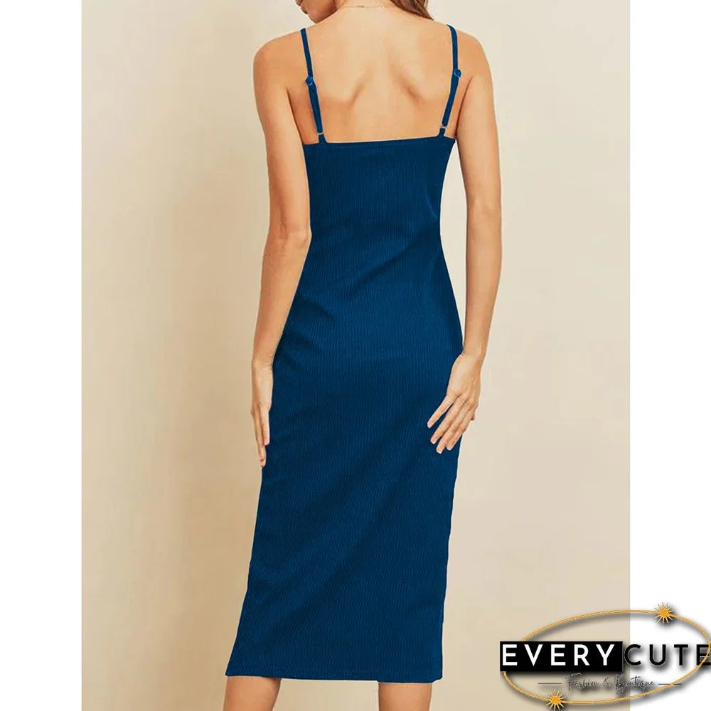Navy Blue Button Detail Split Ribbed Bodycon Dress