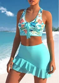 High Waisted Skirted Bikini Swimsuit Cyan Tropical Print Cross Strap Bikini Set